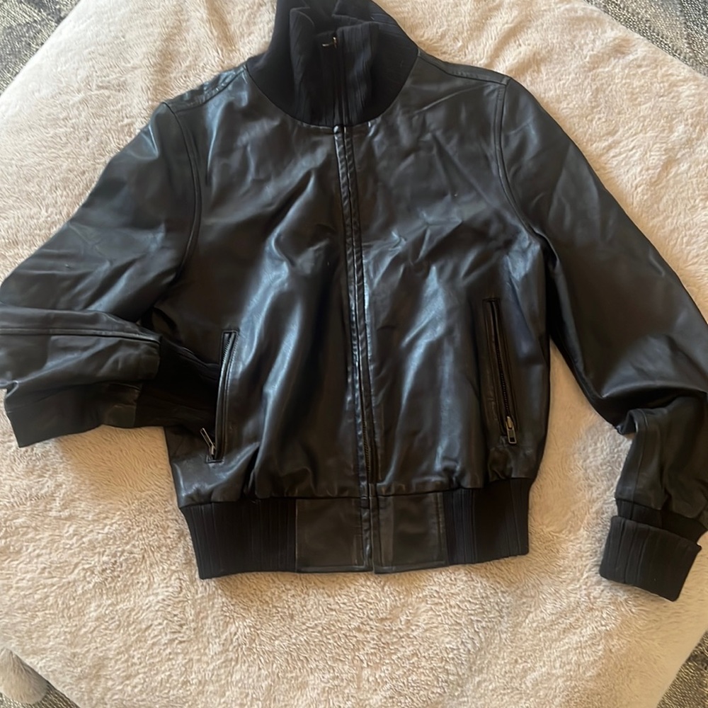 Gap, medium leather zip up jacket with high collar